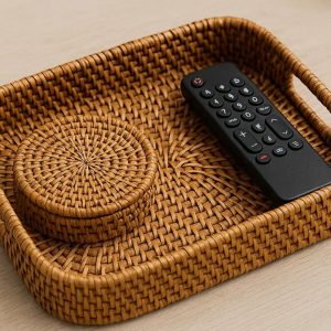 12 Hand Woven Rattan Decorative Tray for Coasters and Remote Controls