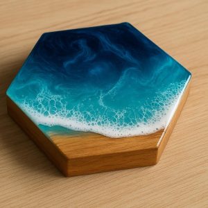 19 Hexagon Resin Art Coaster Tray with Wooden Base