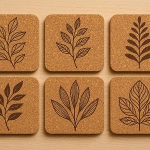 21 Natural Cork Coasters Set of 6 with Elegant Leaf Patterns