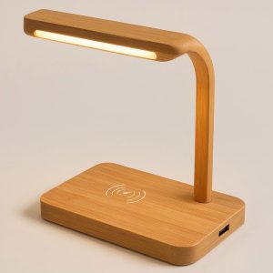 4 Bamboo LED Desk Lamp with Wireless Charging Pad and USB Port