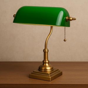 7 Bankers Desk Lamp Green Glass Shade with Brass Finish